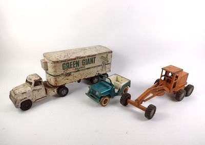 Vintage Toy Vehicles. Includes Green Giant Brand Toy Truck, Tonka Road Grader tractor, and toy 