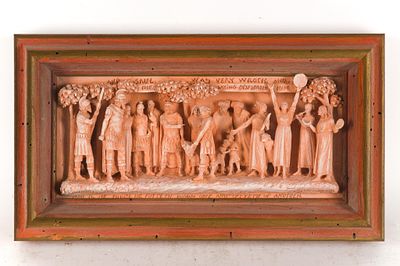 George Tinworth for Doulton Lambeth Terracotta Relief Panel. Includes a carved, framed 