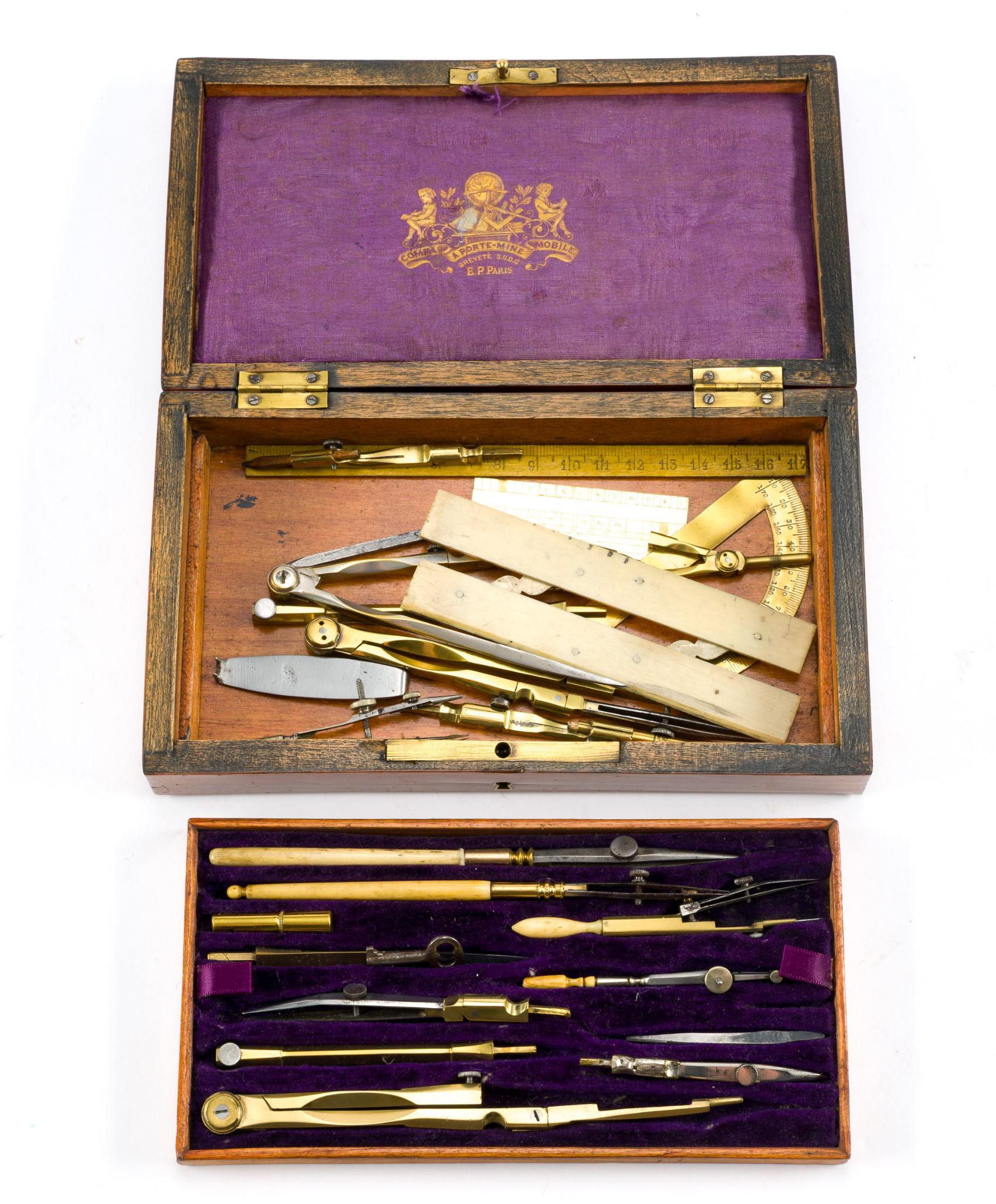 Cased Antique French Drafting Instruments Set