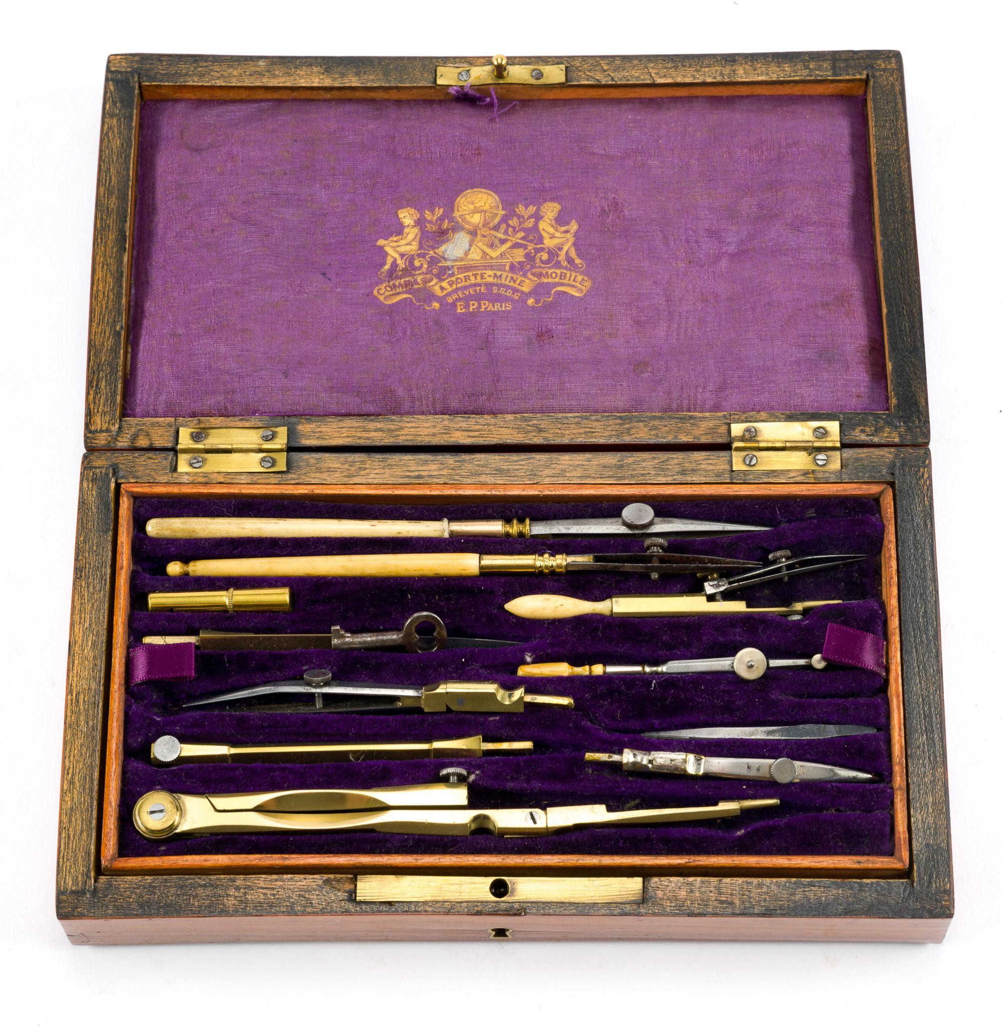 Cased Antique French Drafting Instruments Set