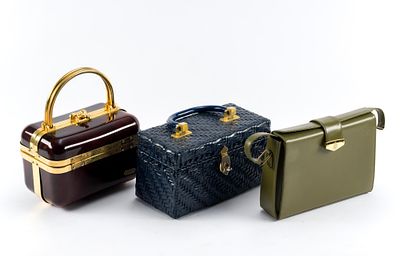 3 Handbags incl. Baulotto Lucite Trunk Purse. Includes Carina Blue Woven Box Handbag, Baulotto 