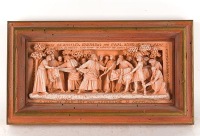 George Tinworth for Doulton Lambeth Terracotta Relief Panel. Includes framed carved terracotta 