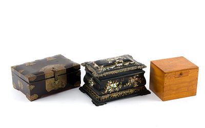 3 Tea Caddies or Trinket Boxes. Includes Victorian mother-of-pearl inlaid (hinges detached and 