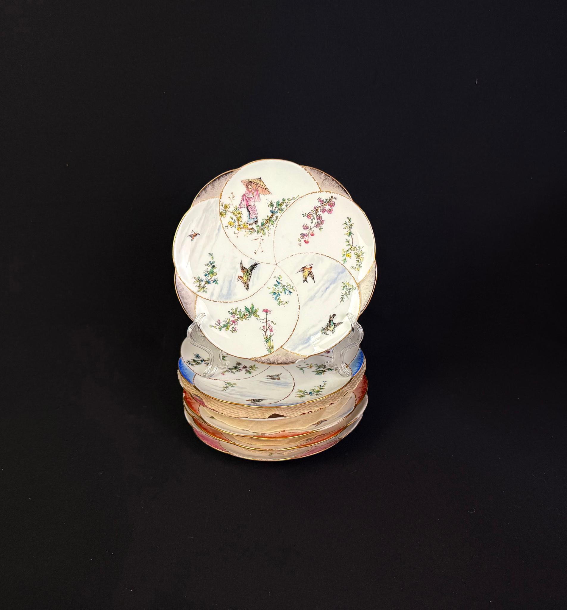 Set of 6 Asian Geisha and Bird Plates