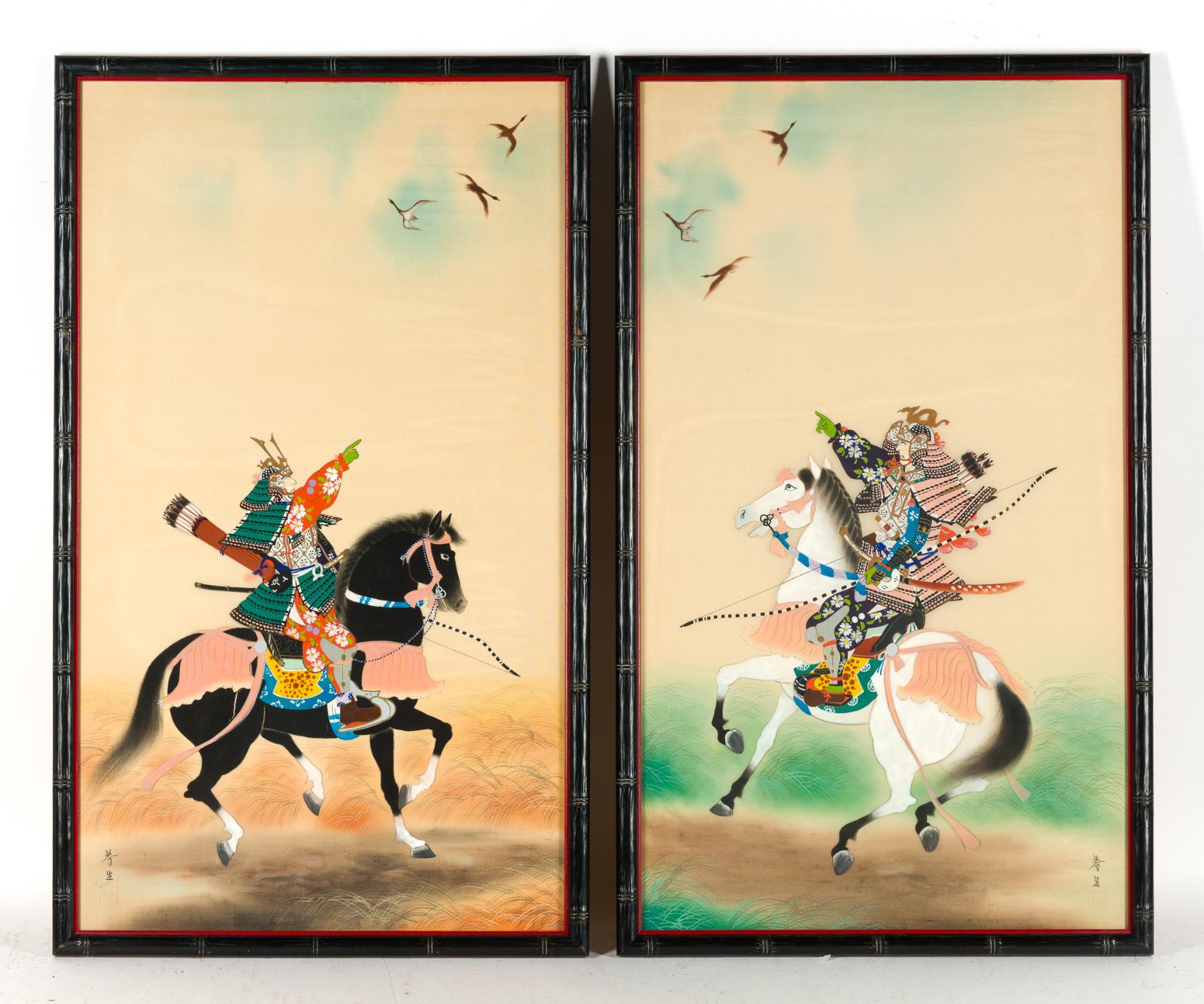 Pair of Japanese Paintings on Silk of Samurai