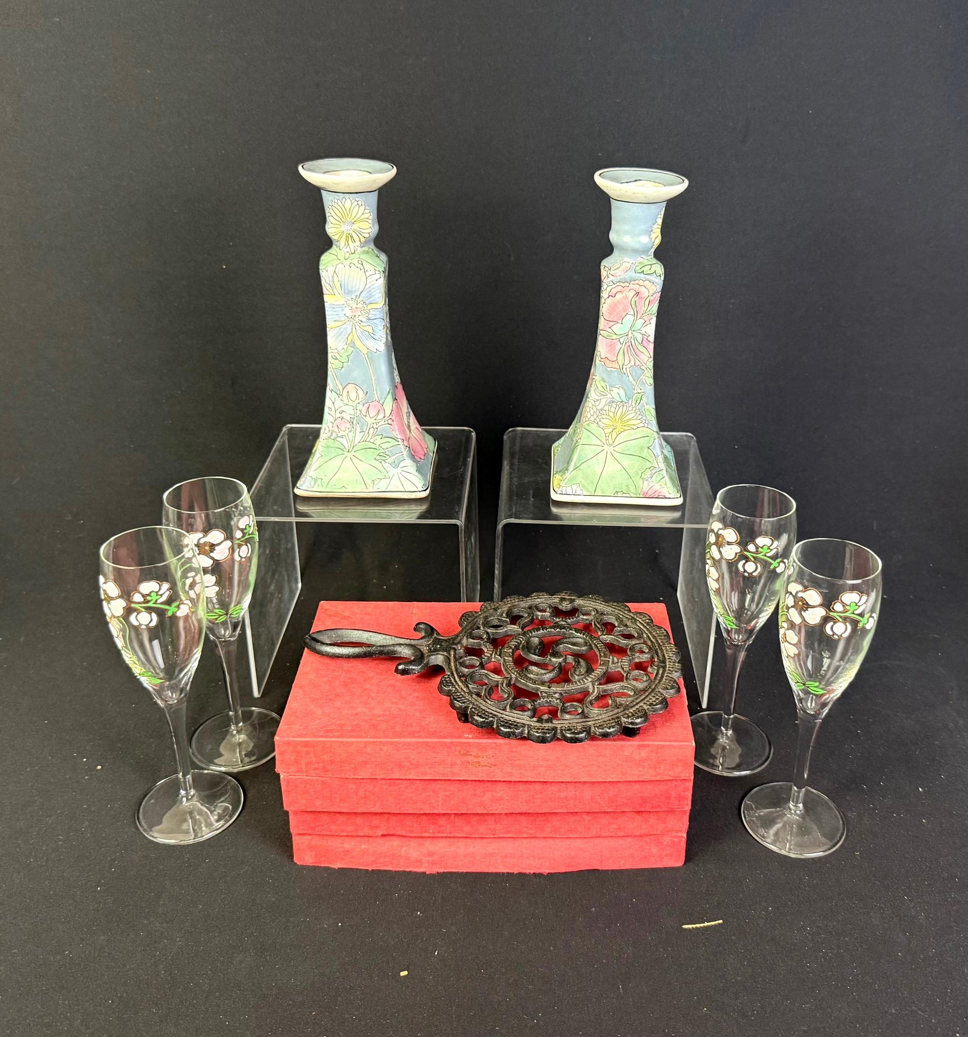 11 Pcs Candlesticks, Trivets, Wine Glasses