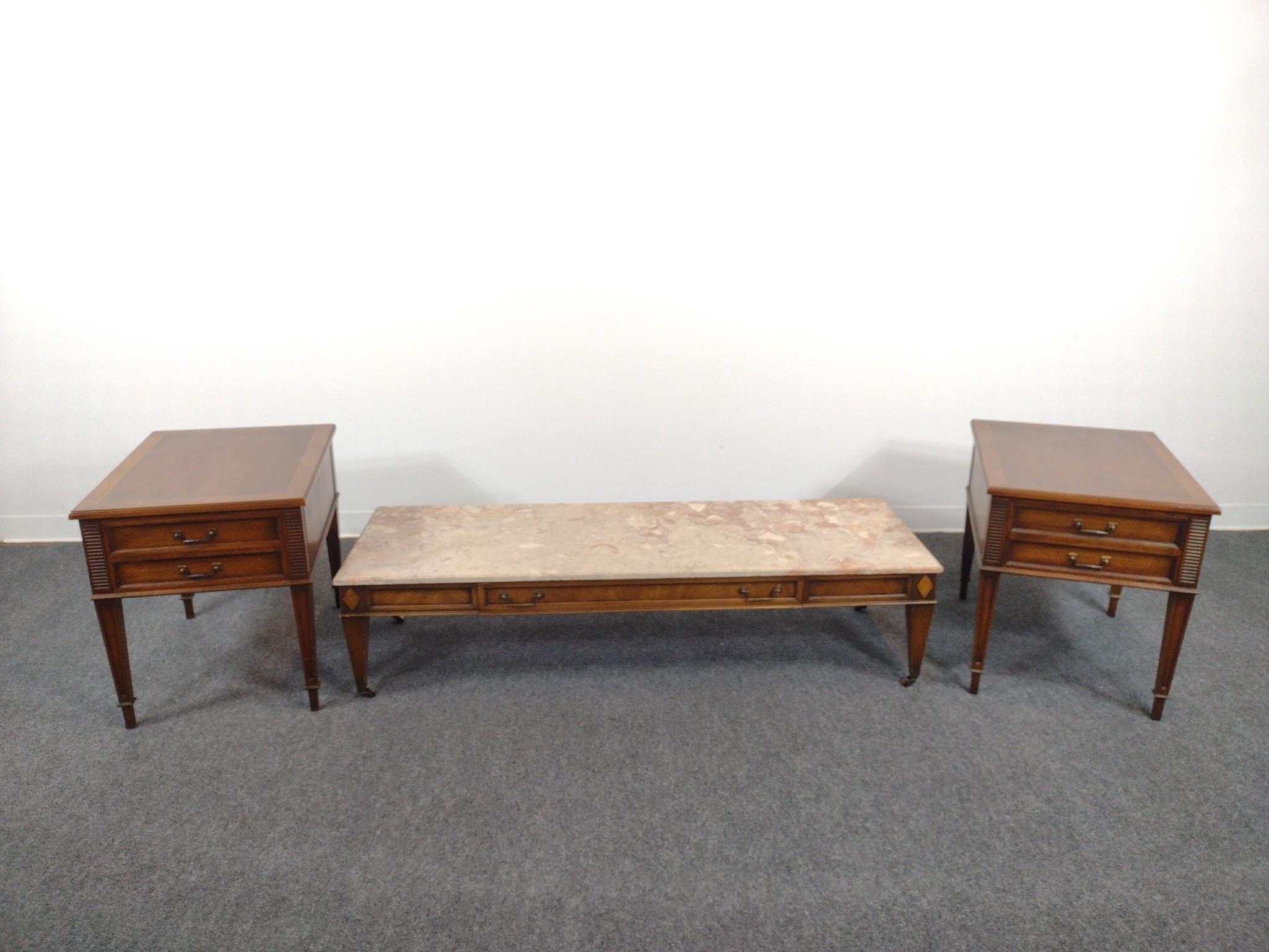 Henredon Marble Top Coffee Table and Pair of End Tables