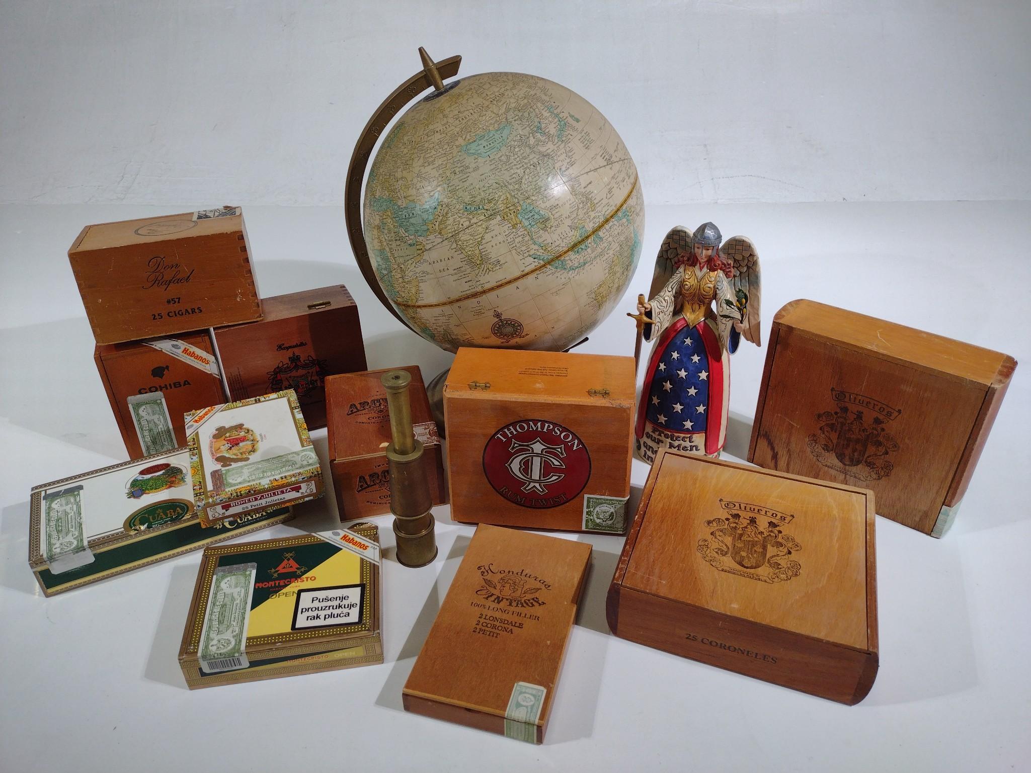 Cigar Boxes, Antique Telescope & World Globe