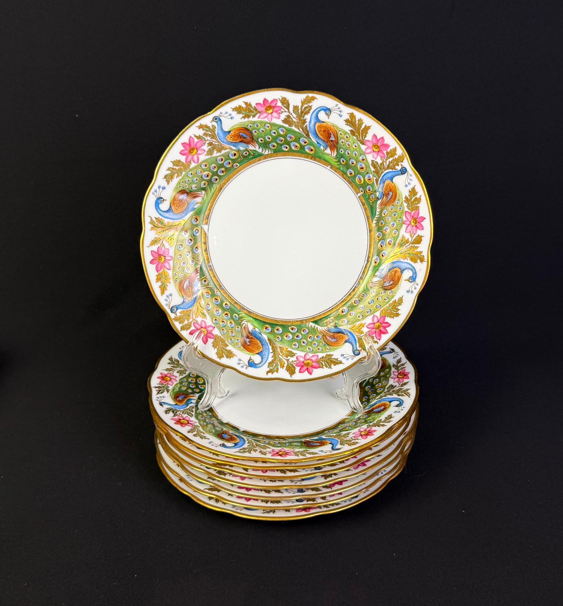Set of 8 Rouen Hand Painted Peacock Plates