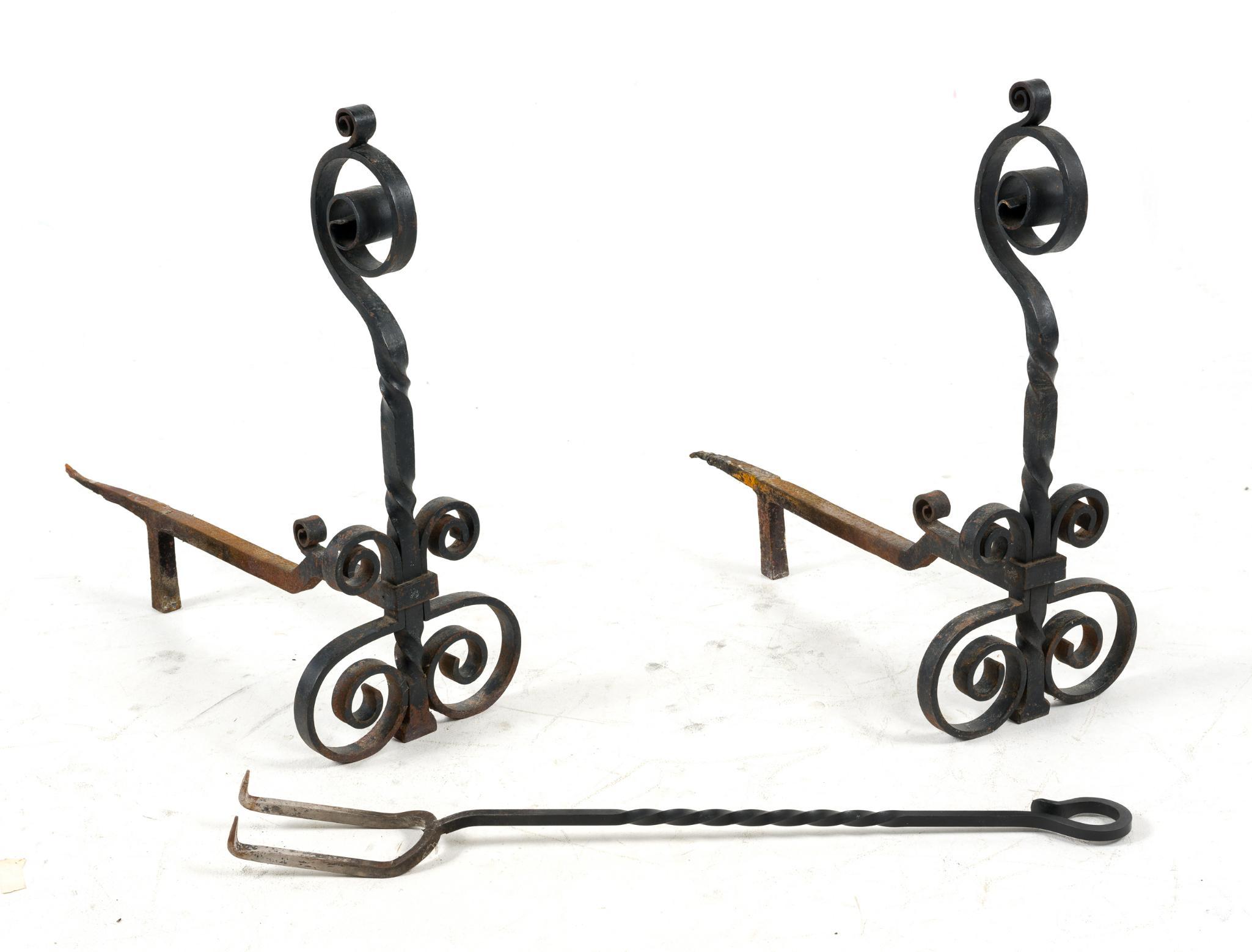 Pair of Wrought Iron Andirons with Log Fork