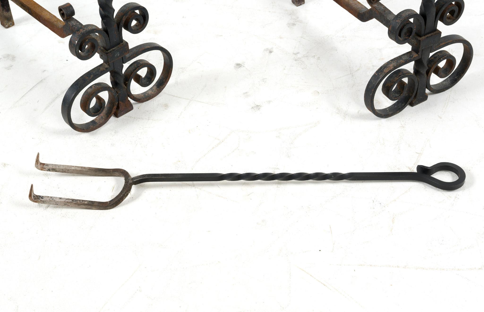 Pair of Wrought Iron Andirons with Log Fork