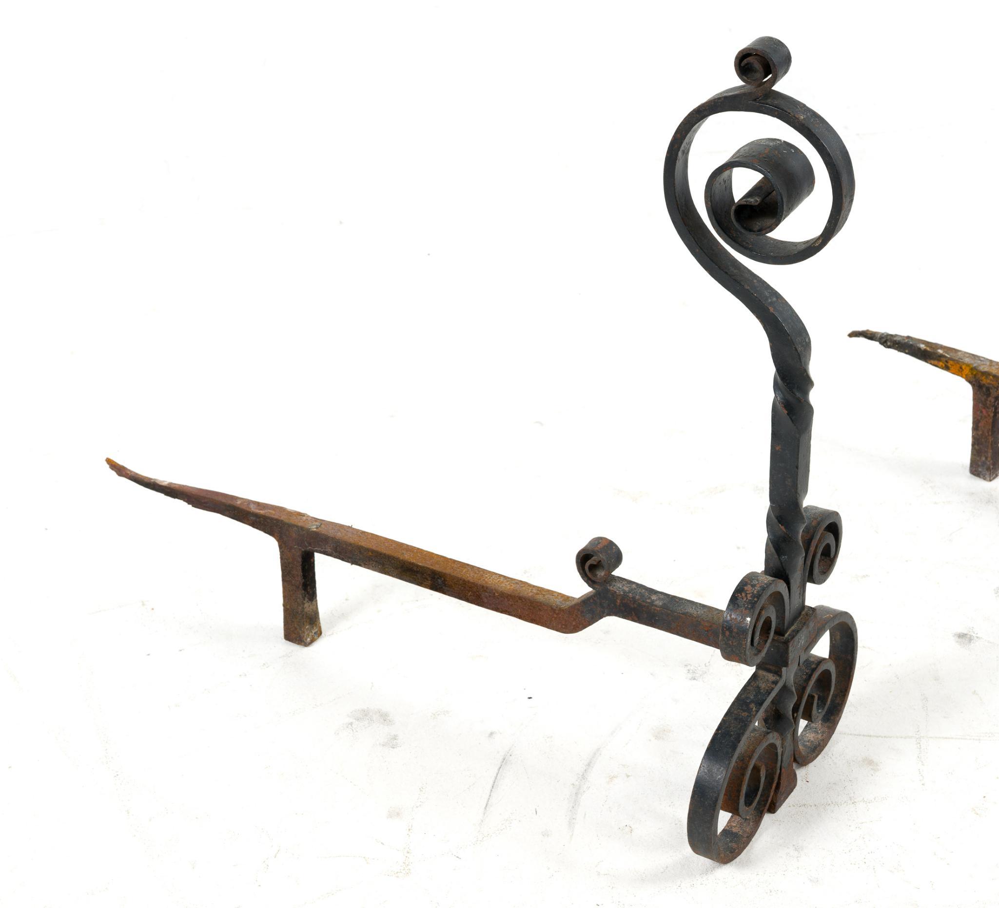 Pair of Wrought Iron Andirons with Log Fork