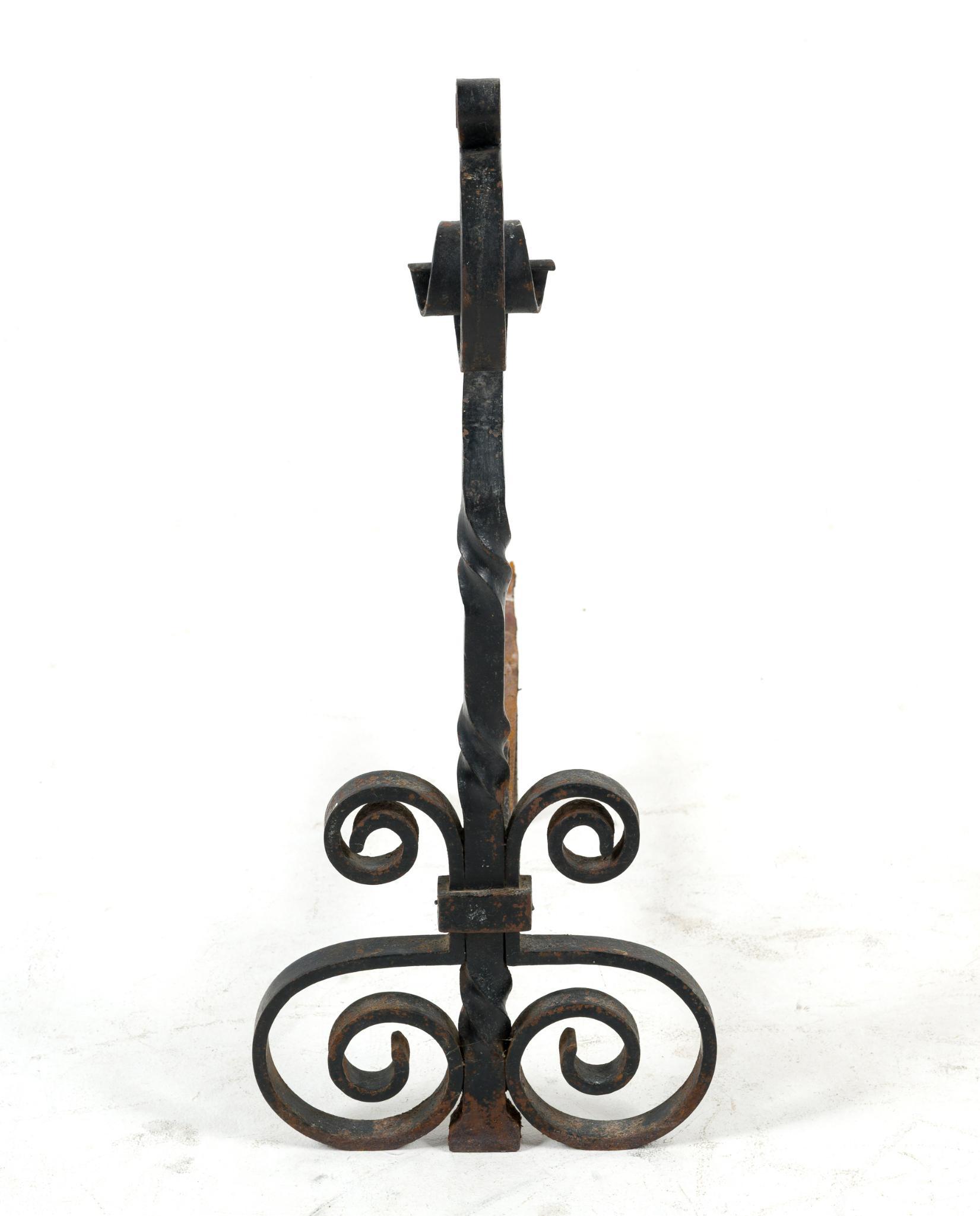 Pair of Wrought Iron Andirons with Log Fork