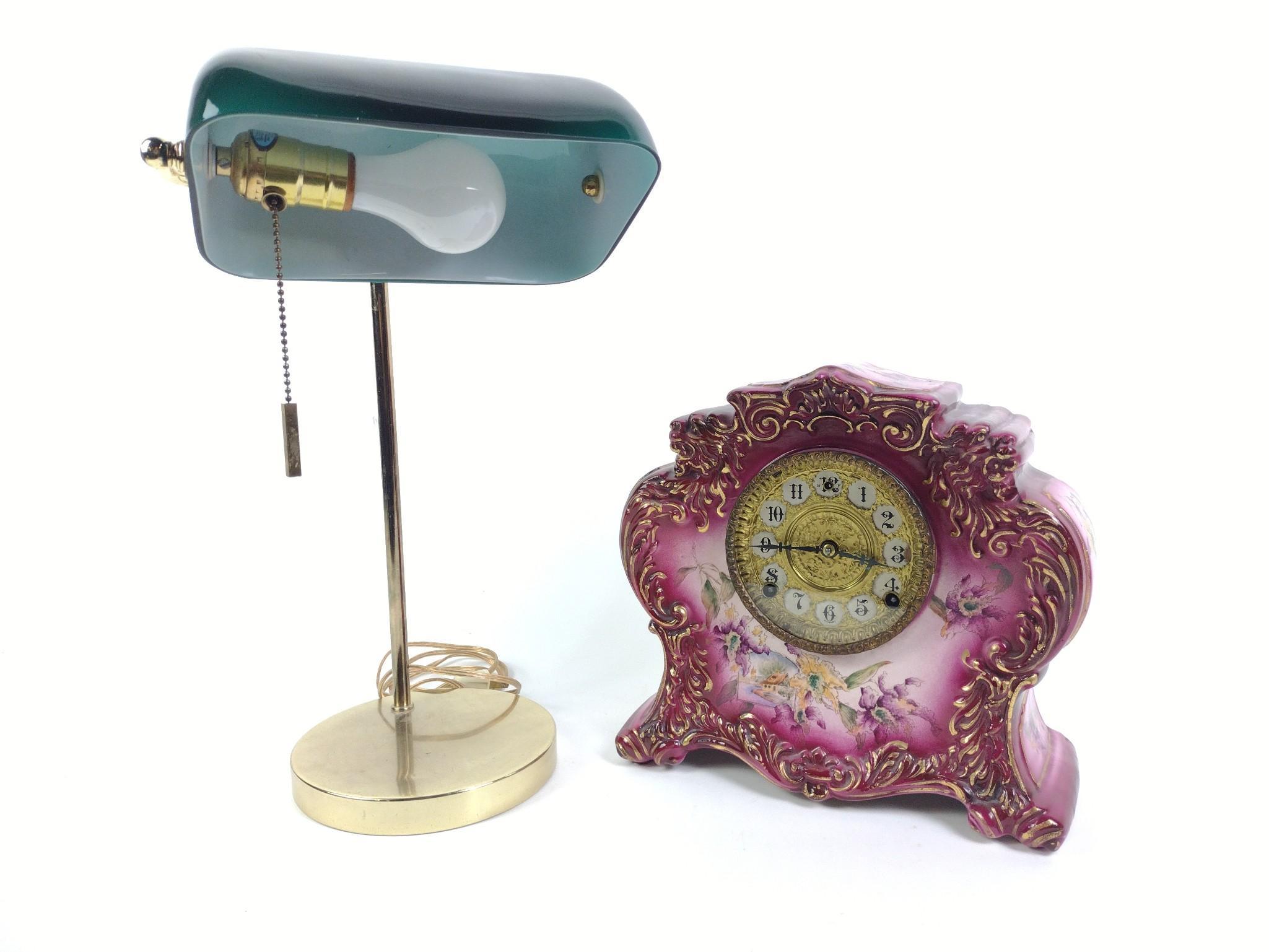Gilbert Porcelain Clock & Brass Student Lamp