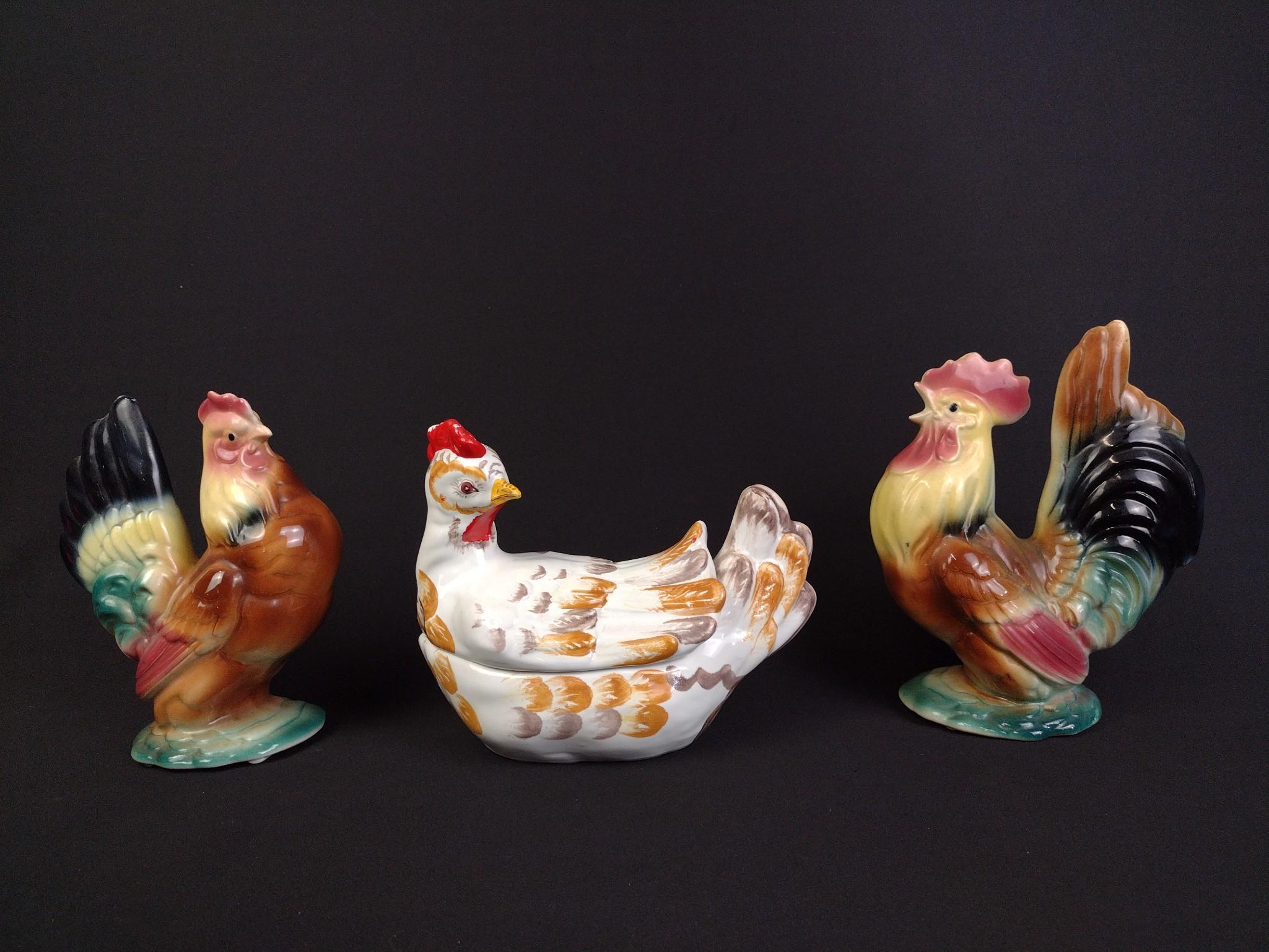 Italian Hen-On-Nest & Rooster with Hen Statues