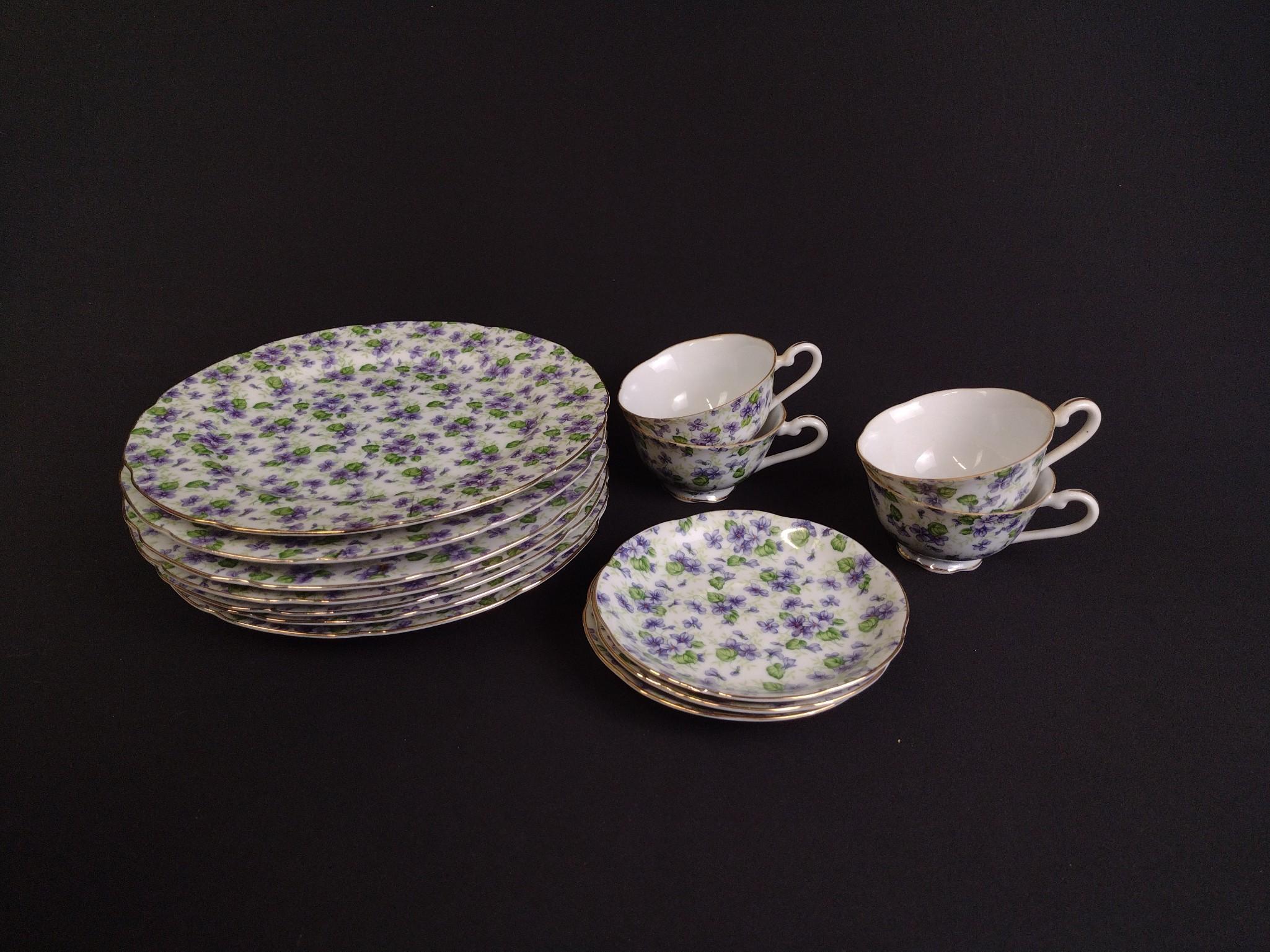 Partial Set of Lefton Violet Chintz Plates, Cups & Saucers