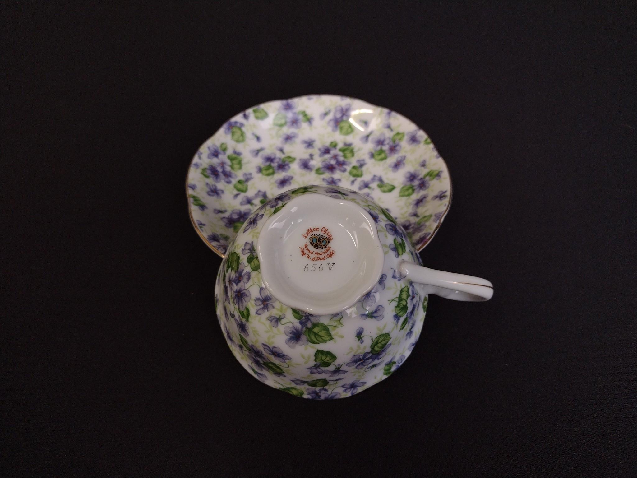 Partial Set of Lefton Violet Chintz Plates, Cups & Saucers