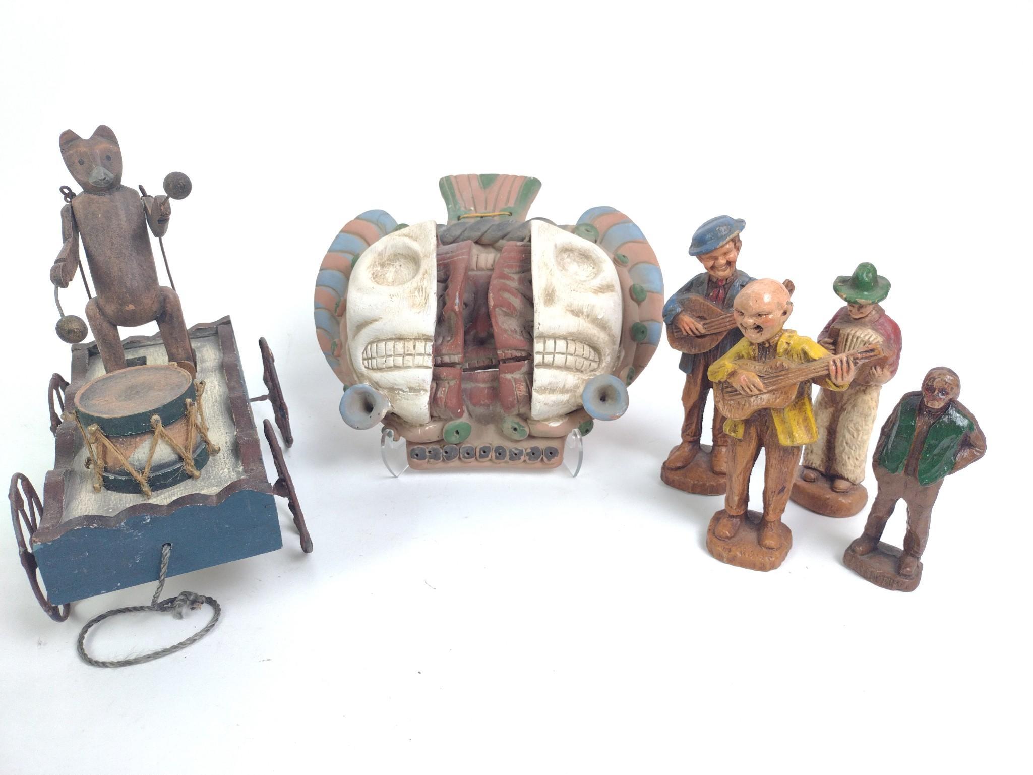 Mexican Mask, Vintage Pull Toy, Folk Art Hobo Musicians