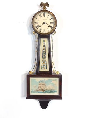 New Haven Banjo Wall Clock. Features a glass scene of a sailing ship. Untested. Clock measures 