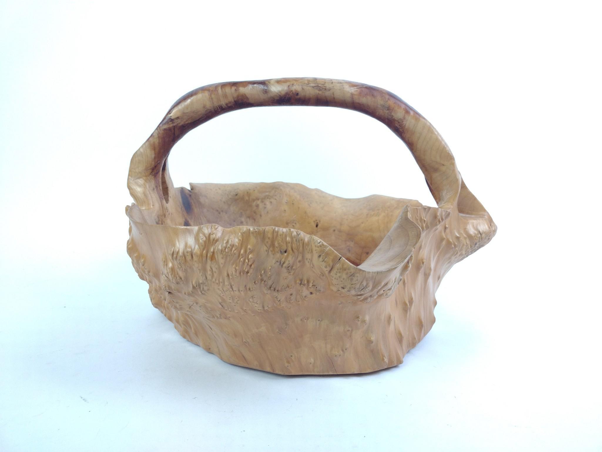 Natural Hand-Carved Burl Wood Basket Bowl