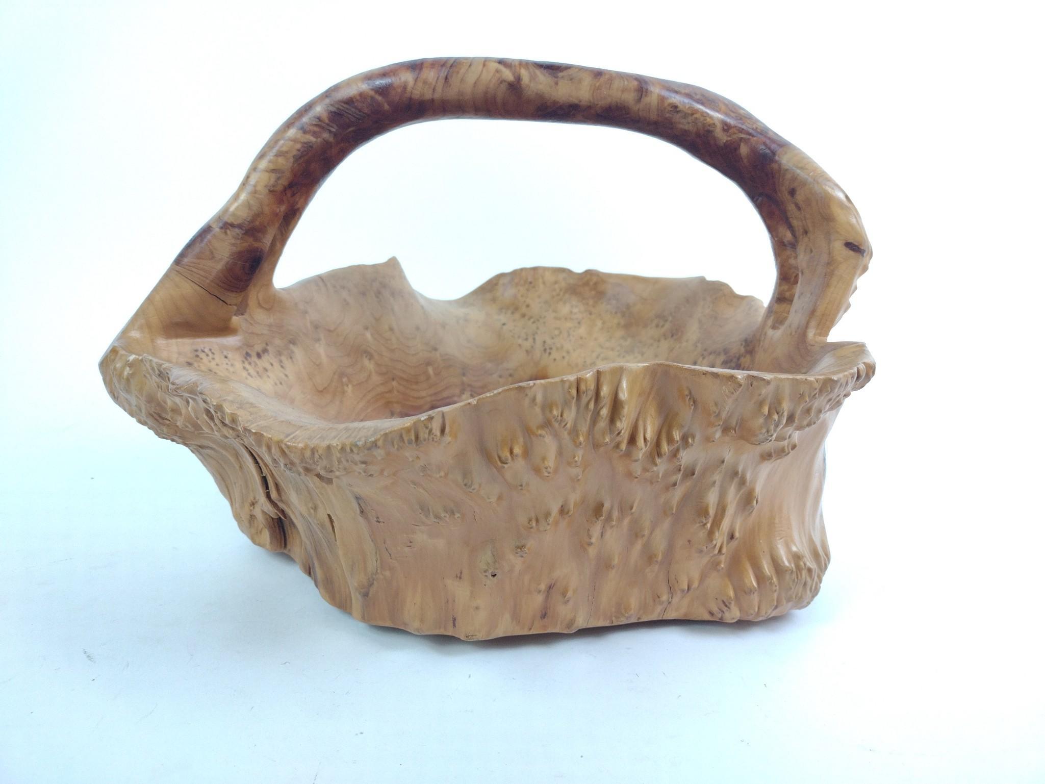 Natural Hand-Carved Burl Wood Basket Bowl