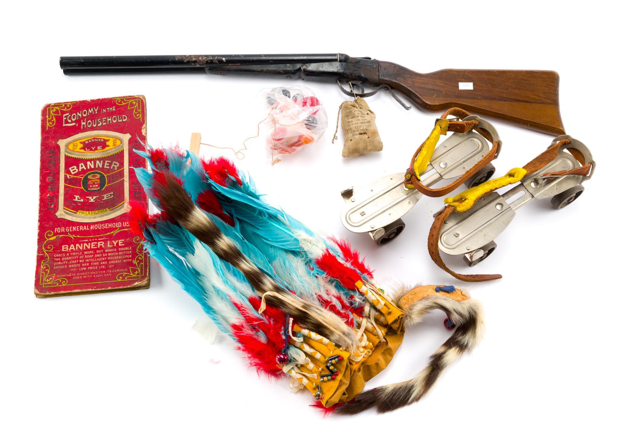 Vintage Toys, Skates, and Ephemera Incl. A. H. Fox Toy Shotgun