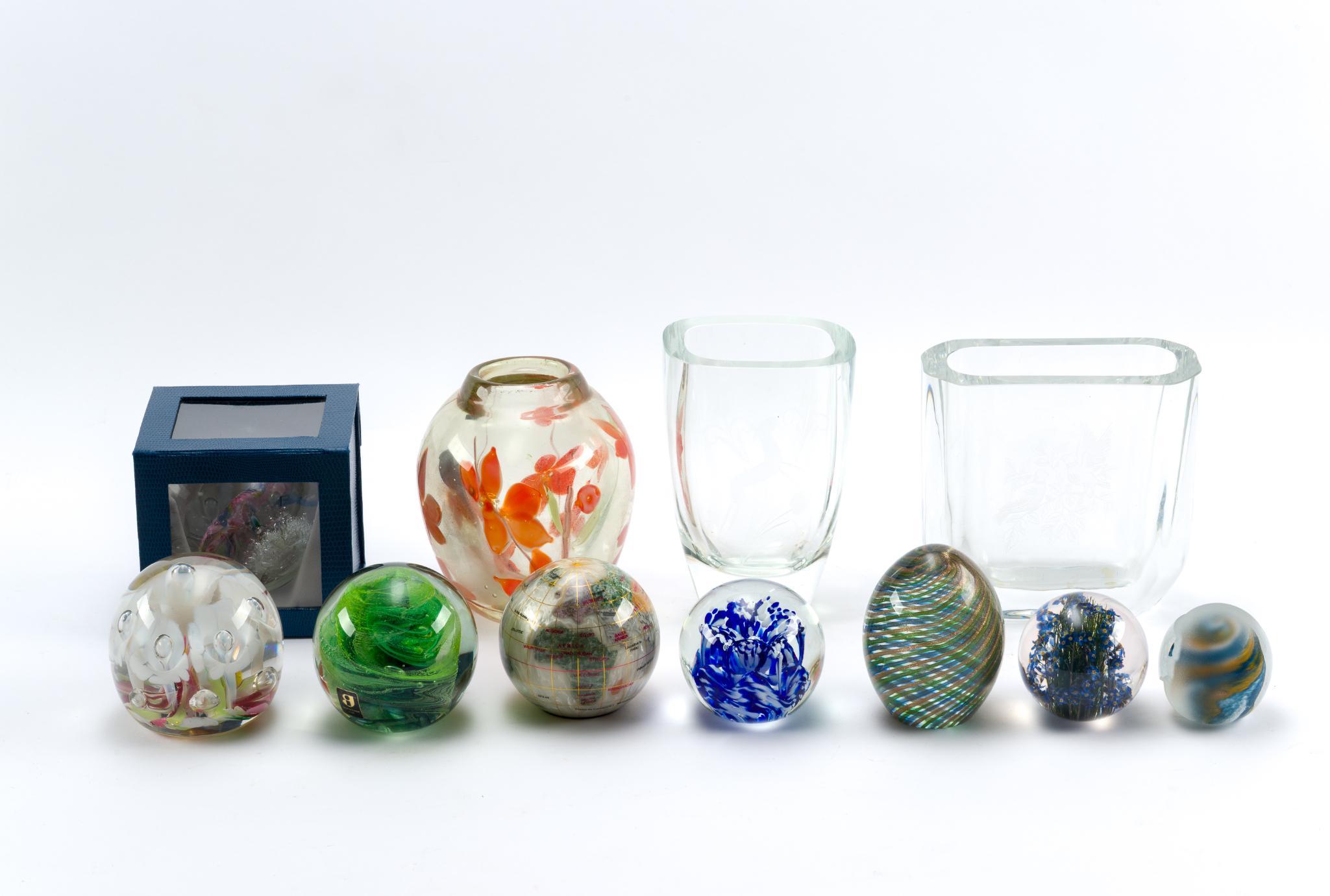 8 Paperweights & 3 Glass Vases Incl. Hafod Grange