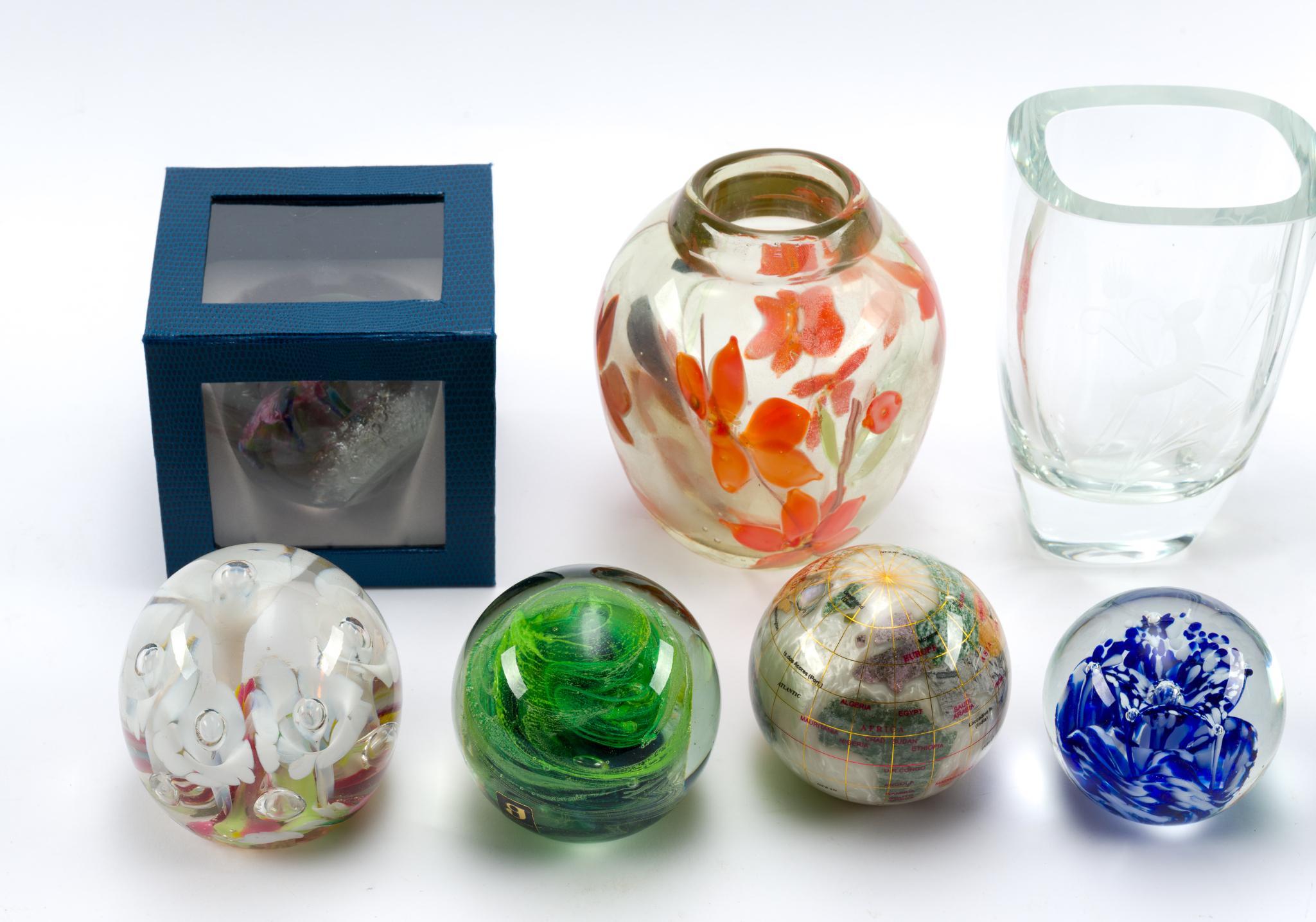 8 Paperweights & 3 Glass Vases Incl. Hafod Grange