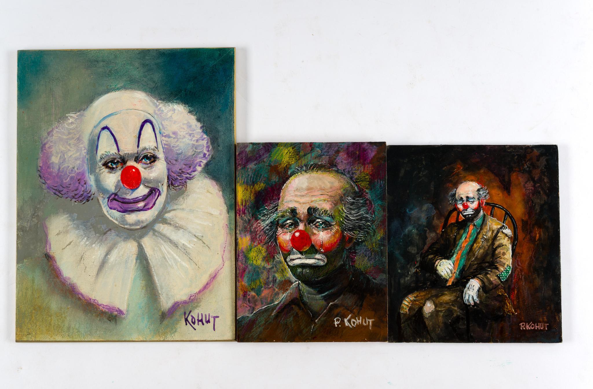 3 Clown Paintings By Petro Kohut