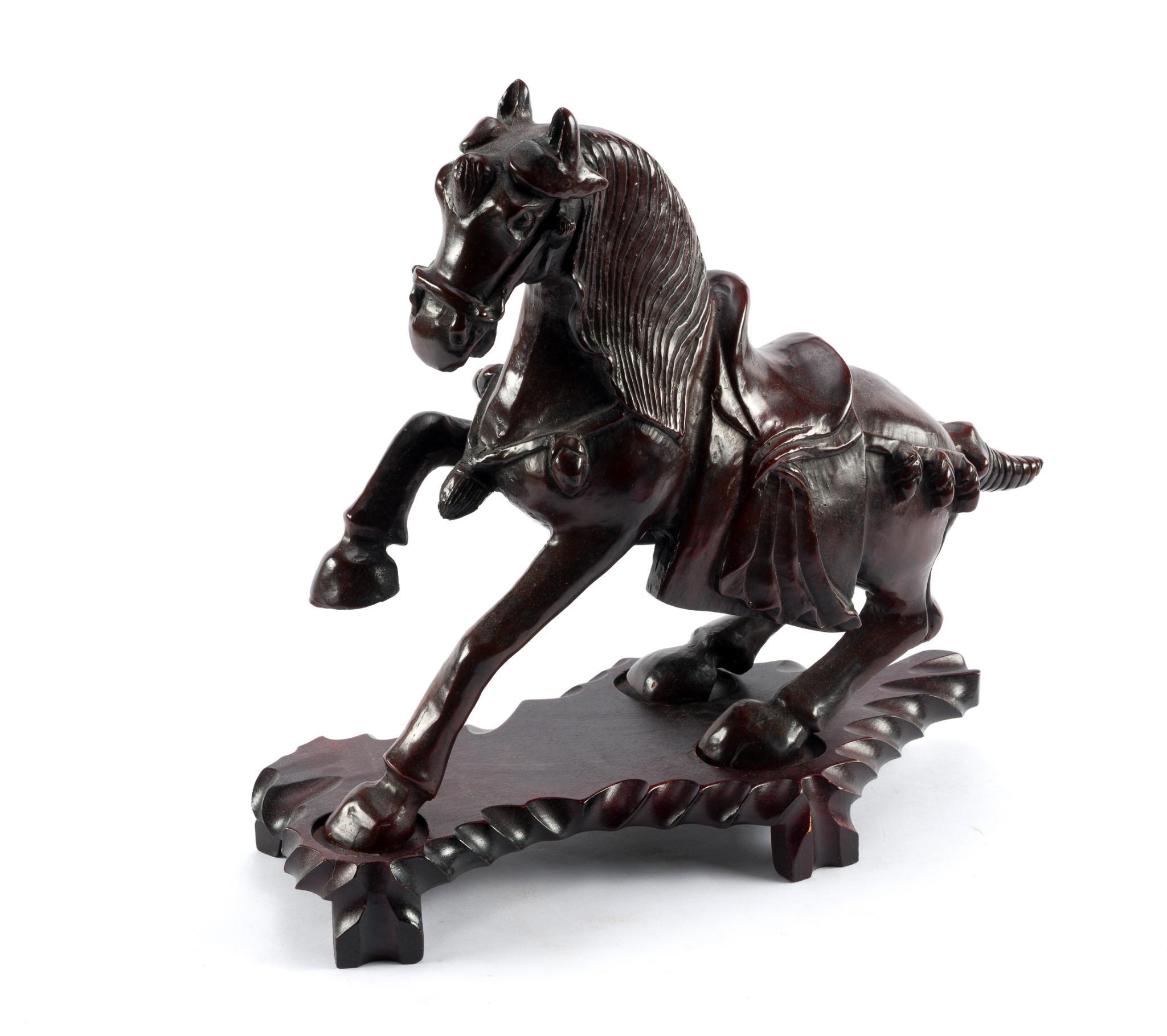 Chinese Carved Rearing Horse on Stand