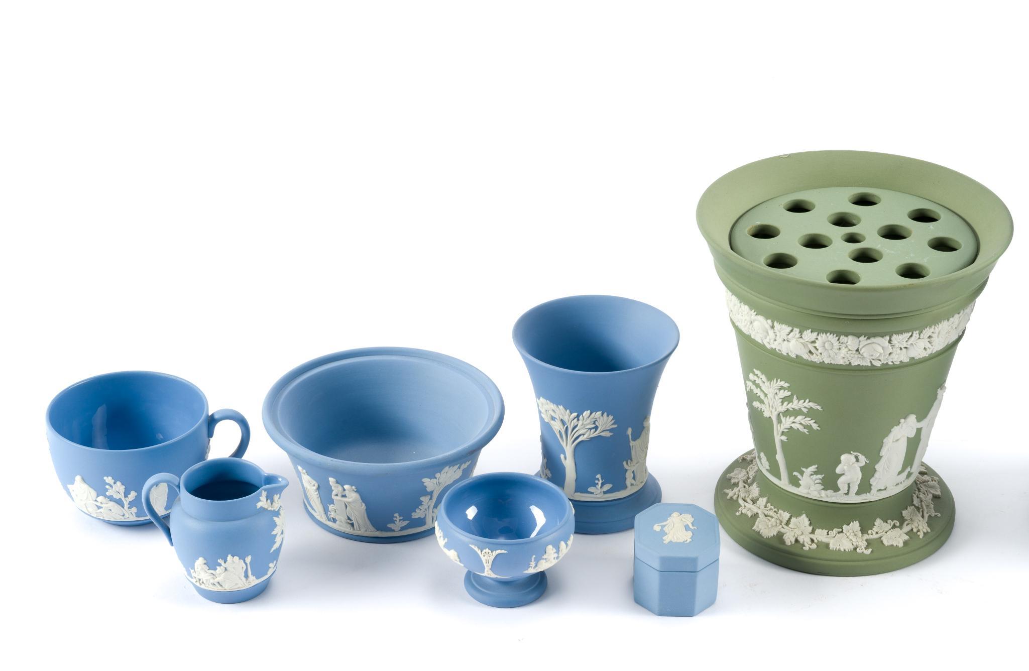 Wedgwood Jasperware Pitchers, Plates, Flower Frog, and More