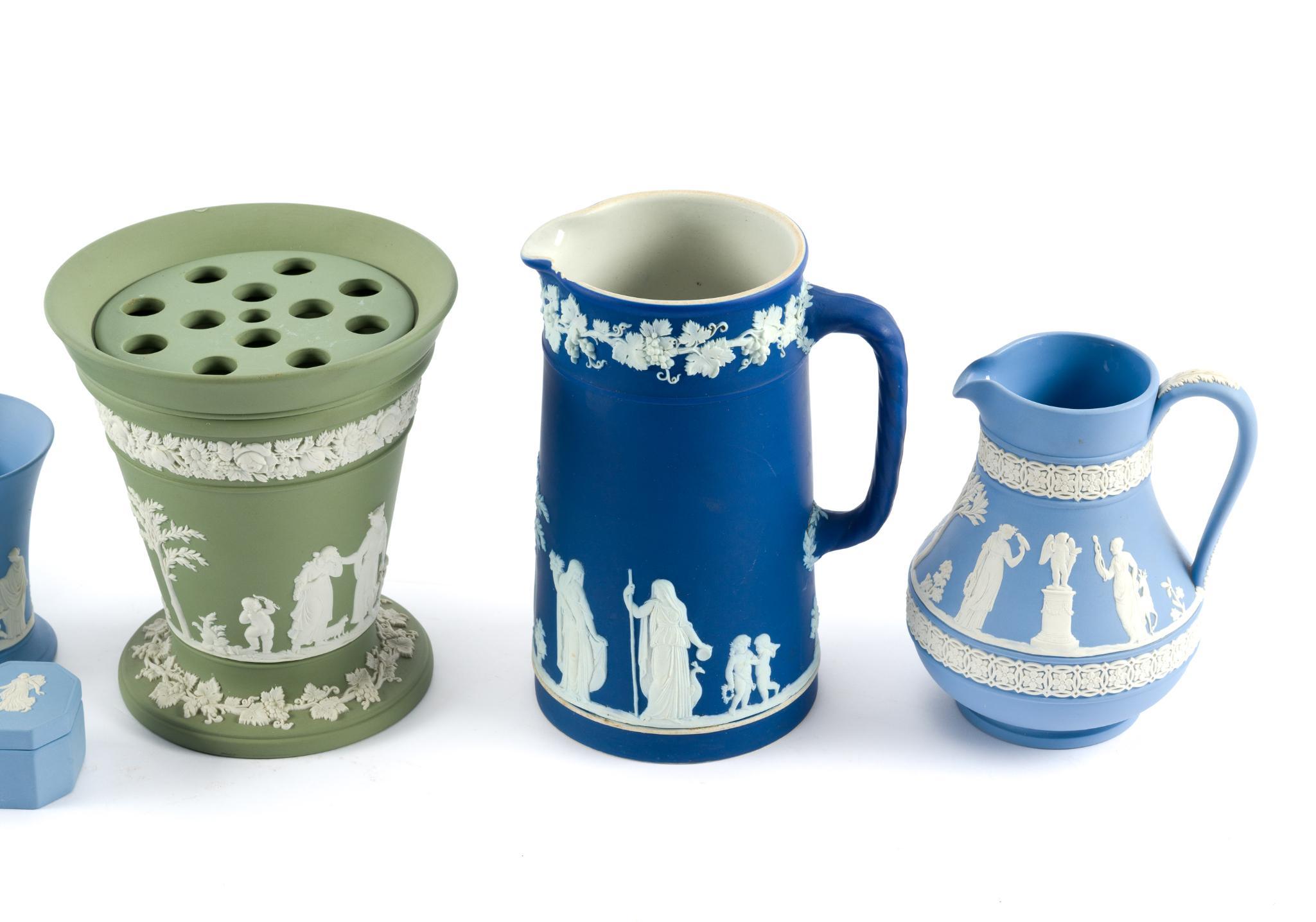 Wedgwood Jasperware Pitchers, Plates, Flower Frog, and More