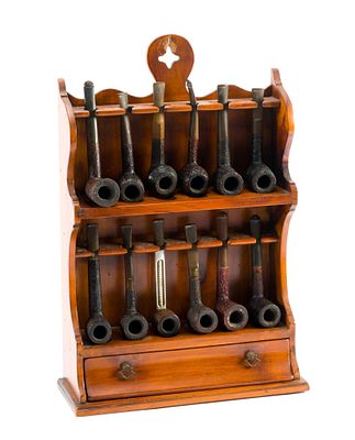 Pine-Tique Wooden Pipe Rack with Pipes. Includes 12 vintage pipes, a wooden rack with the 