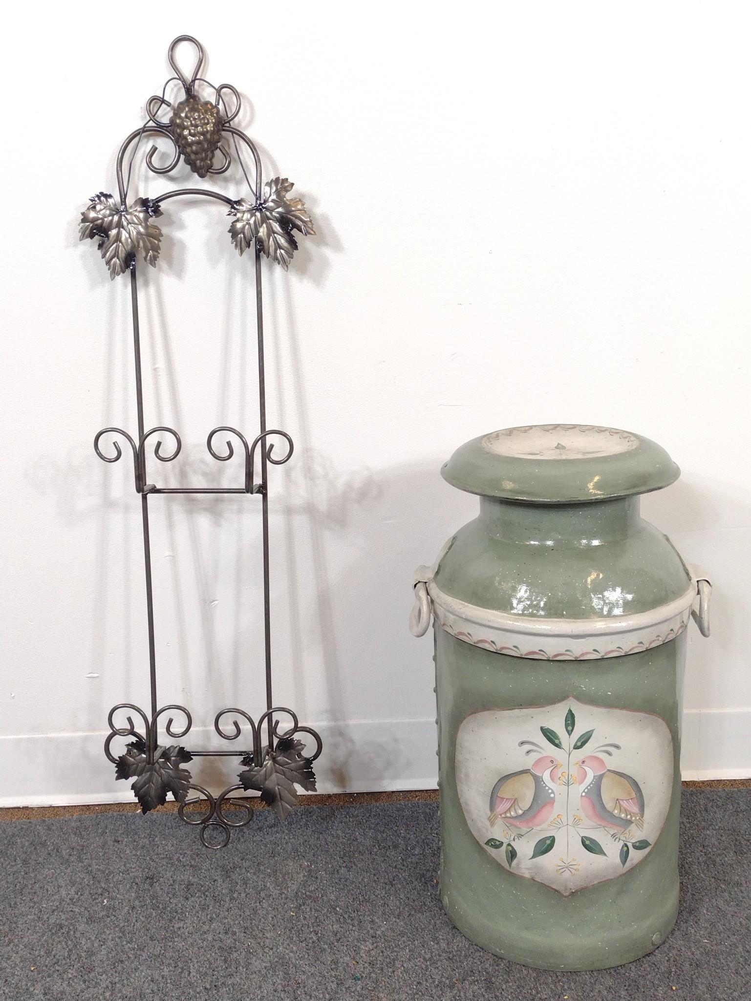 Painted Milk Can and Metal Plate Rack
