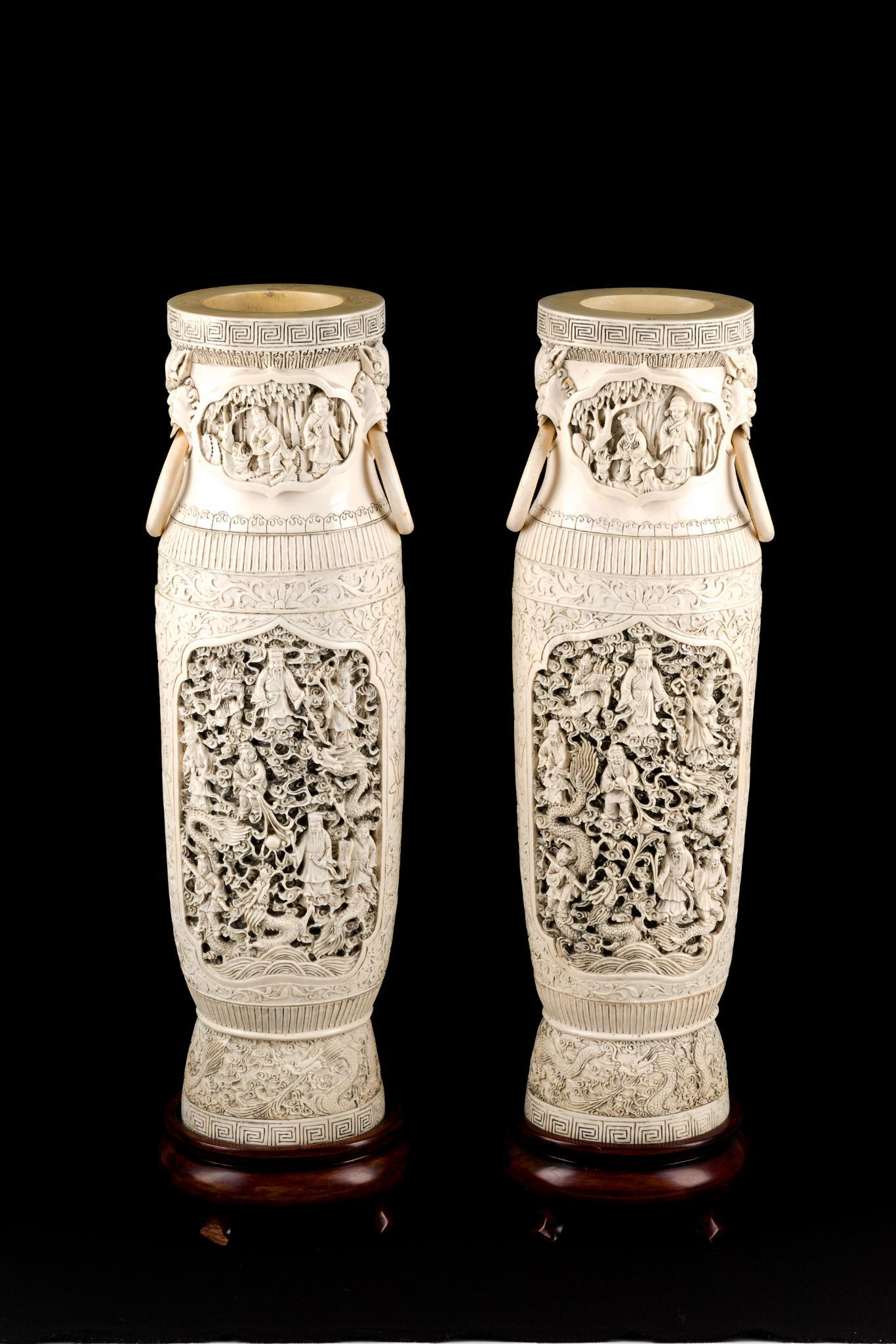 PA RESIDENTS ONLY: Large Pair of Antique Carved Ivory Chinese Vases