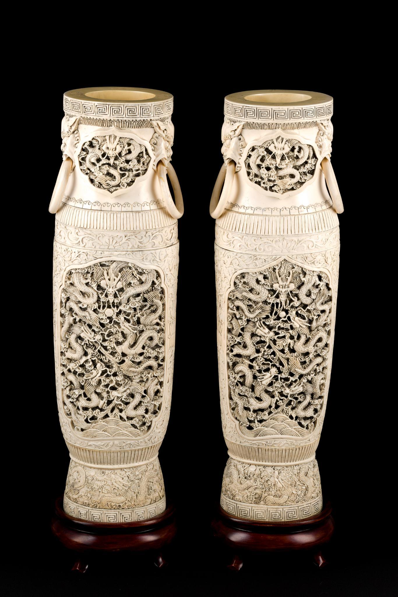 PA RESIDENTS ONLY: Large Pair of Antique Carved Ivory Chinese Vases