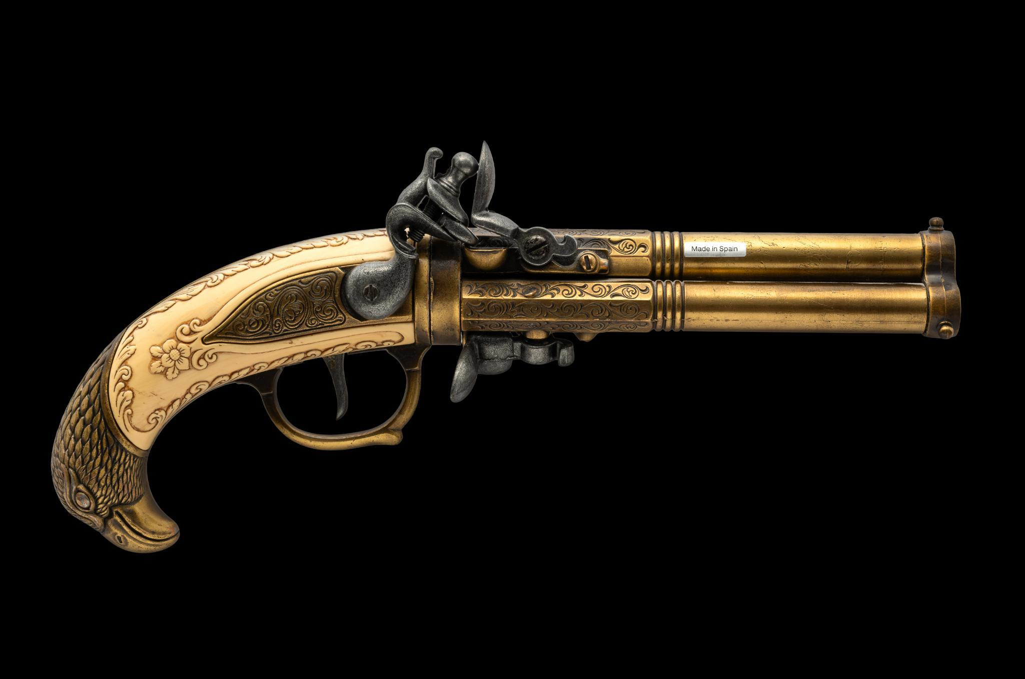 18th Century French 3 Barrel Flintlock Pistol Non-Firing Replica