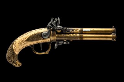 18th Century French 3 Barrel Flintlock Pistol Non-Firing Replica. Sticker marked "Made in 