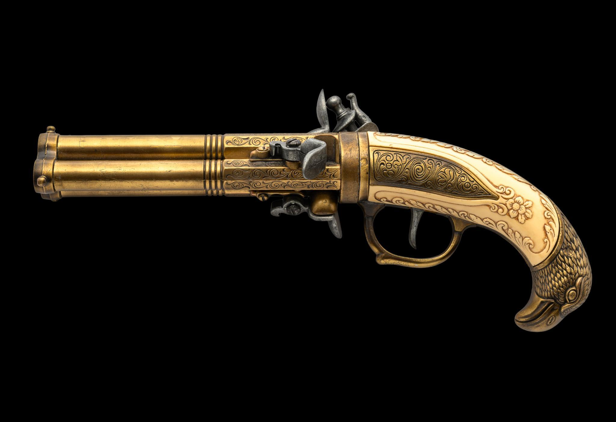 18th Century French 3 Barrel Flintlock Pistol Non-Firing Replica