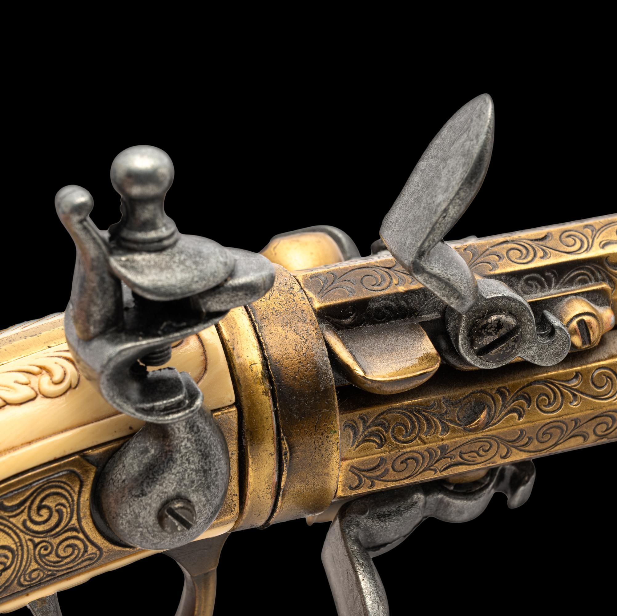 18th Century French 3 Barrel Flintlock Pistol Non-Firing Replica