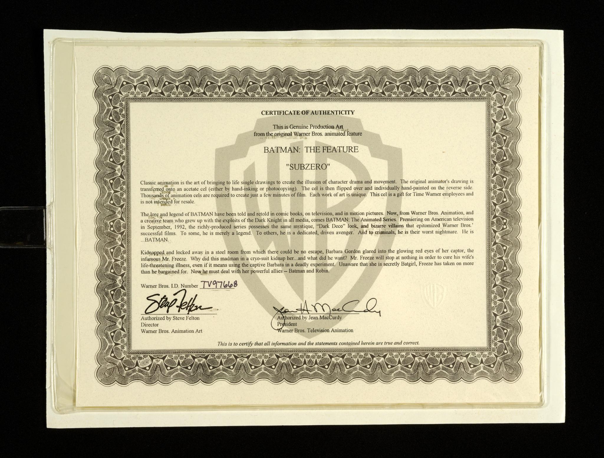 Inscribed Envelope & Animation Cell "Batman & Mr. Freeze: SubZero"