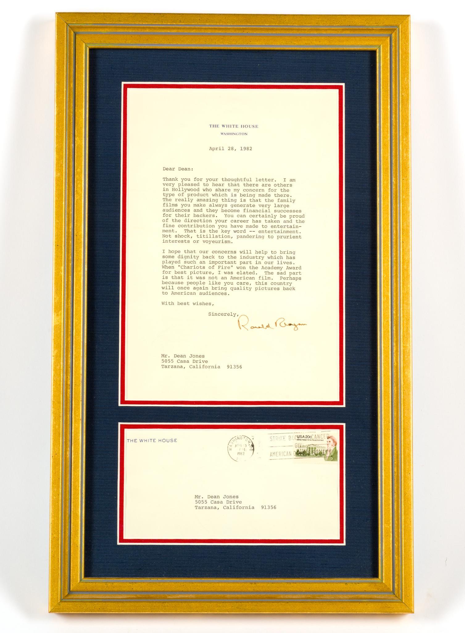 Framed Letter from Ronald Regan to Dean Jones