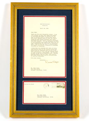 Framed Letter from Ronald Regan to Dean Jones. Framed letter to Actor, Dean Jones signed by 