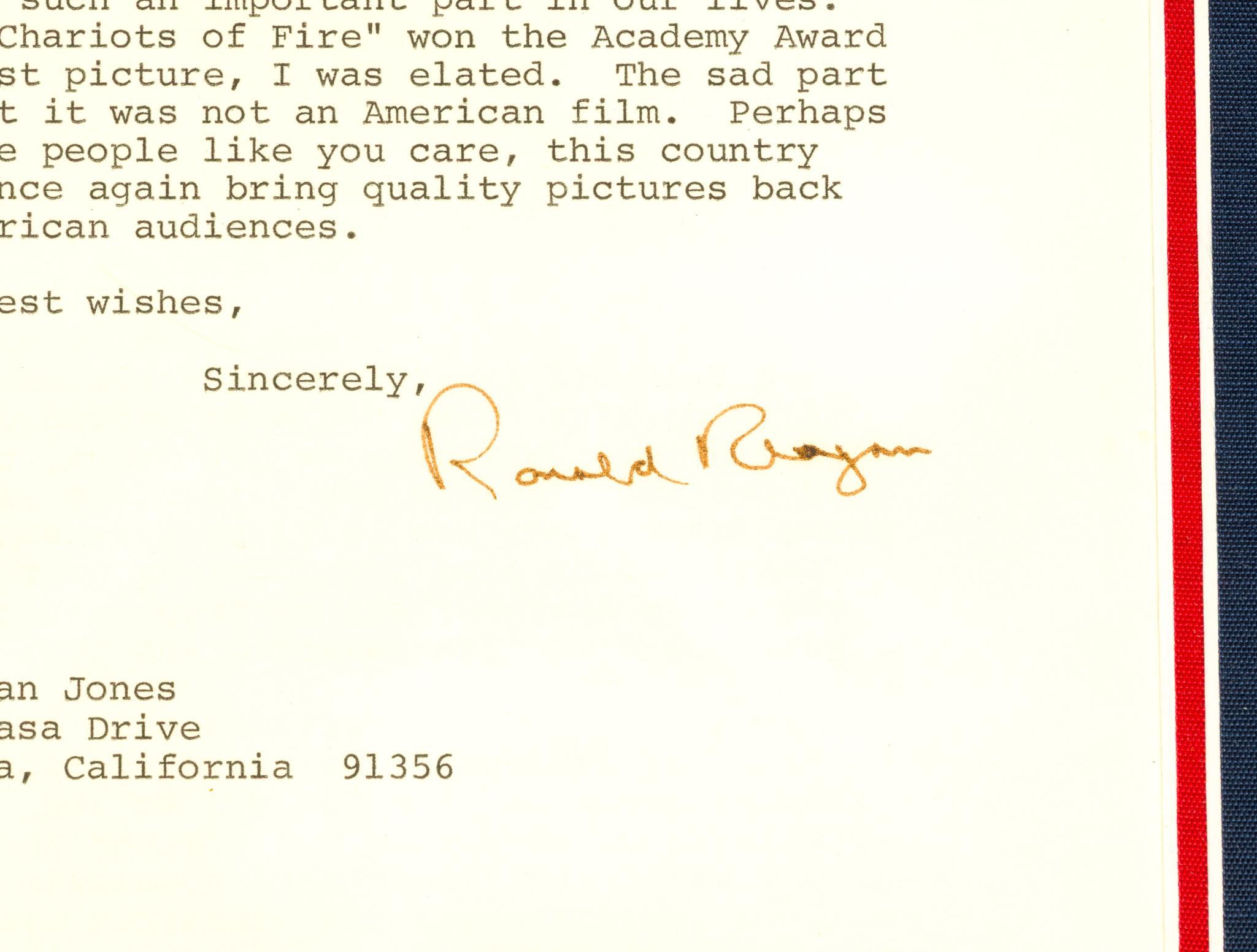 Framed Letter from Ronald Regan to Dean Jones