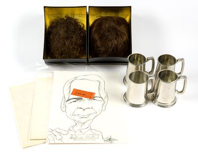 Dean Jones Hollywood Memorabilia Incl. Wigs. Includes 2 wigs, 4 mugs with inscribed Dean Jones 