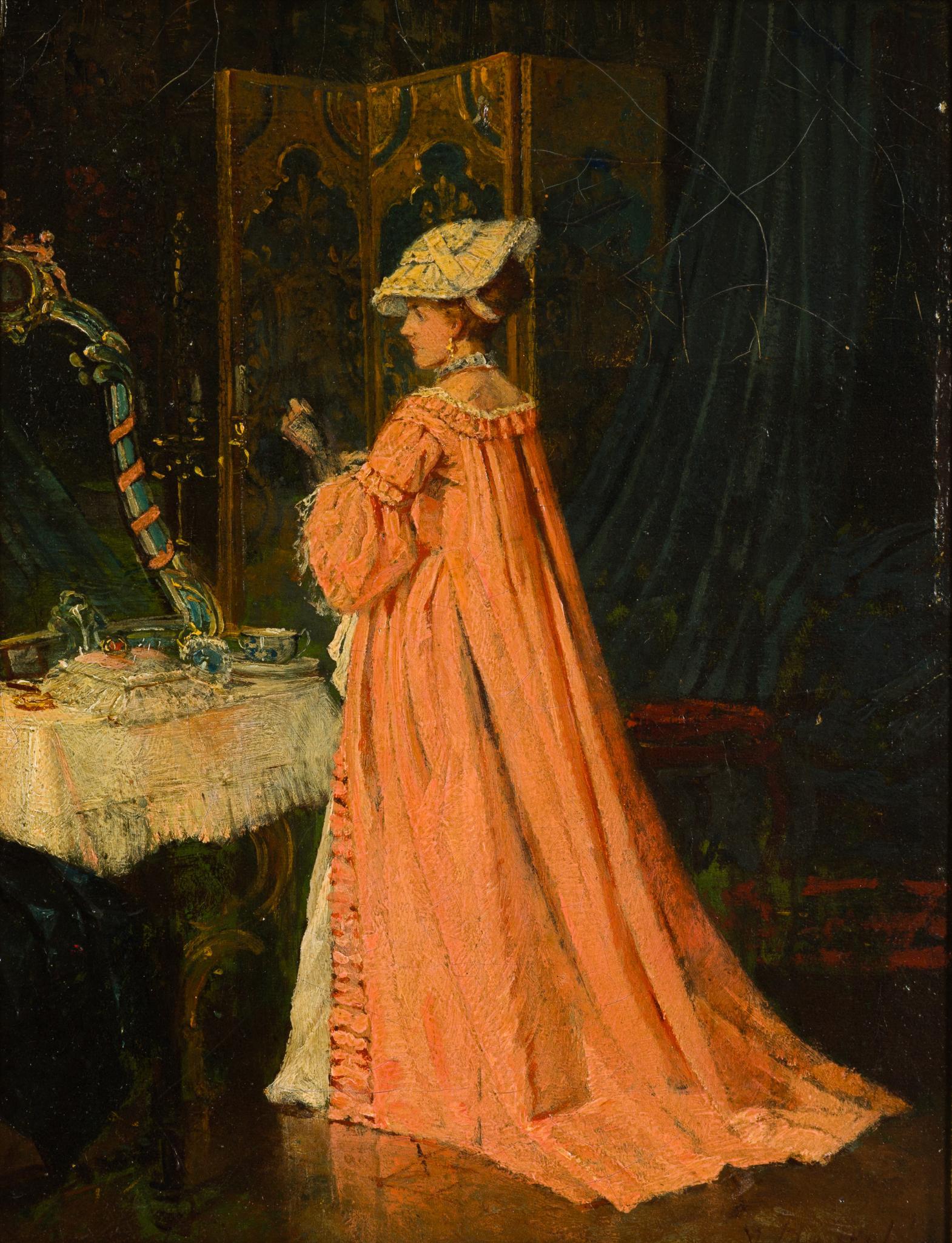 Oil On Canvas After Alfred Stevens (1823-1906) "Portrait Of A Young Woman At Her Toilette"