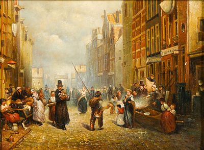 Oil On Canvas After Frans Arnold Breuhaus De Groot (1824-1872). "Amsterdam, The Jewish Quarter." 