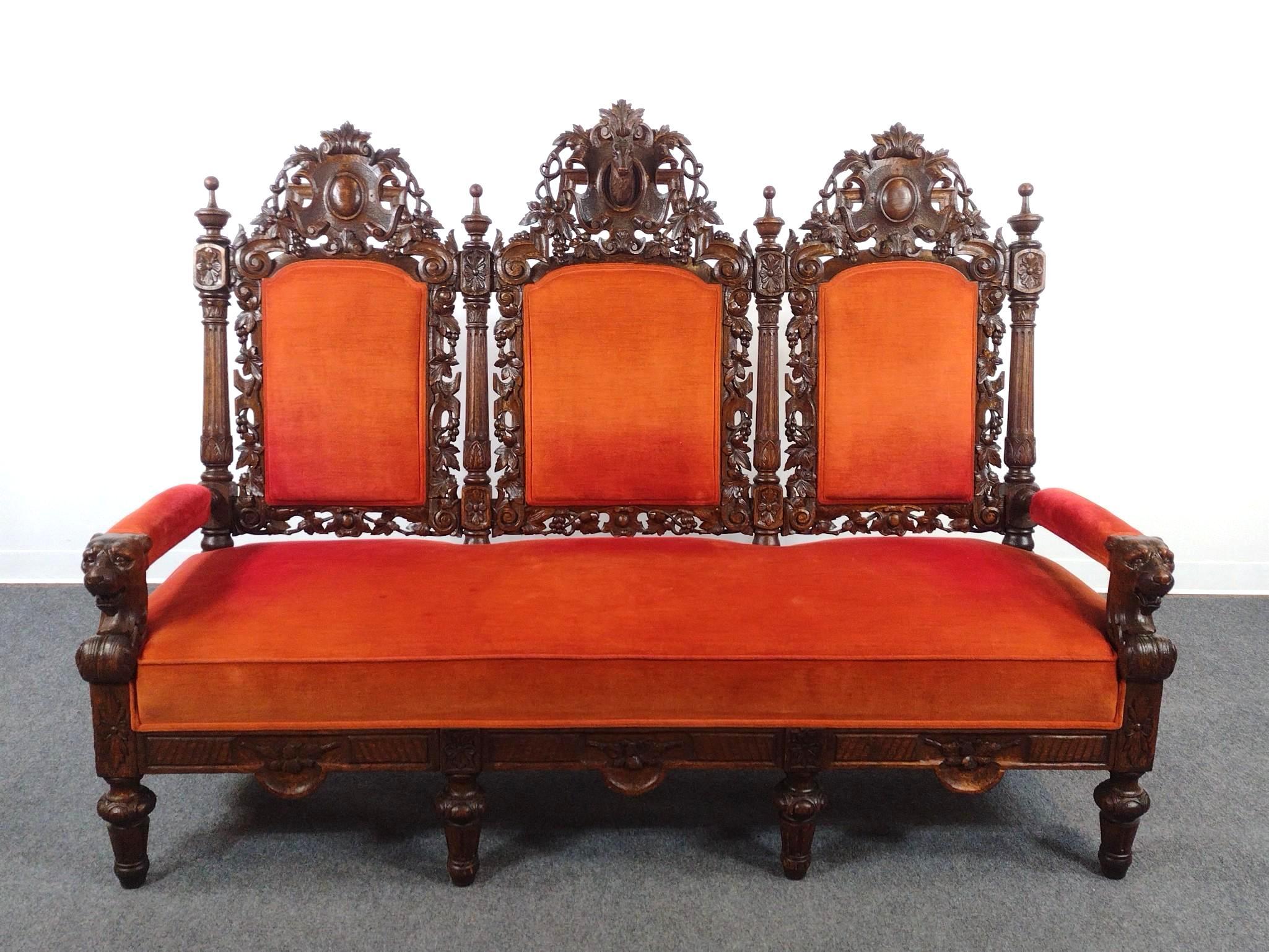 Late 19th C Renaissance Revival Deer Hunt Hall Sofa