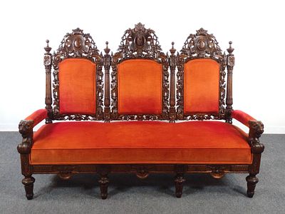 Late 19th C Renaissance Revival Deer Hunt Hall Sofa. 75" wide X 27" deep X 55" high. One ear on 