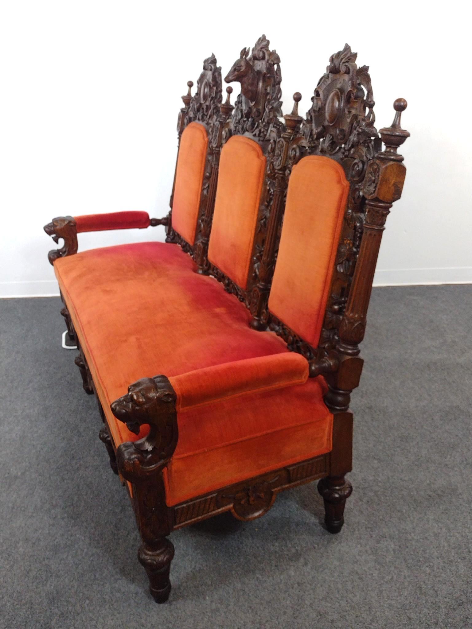 Late 19th C Renaissance Revival Deer Hunt Hall Sofa